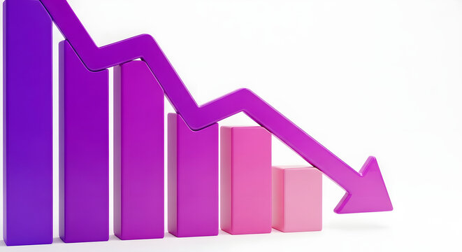 Declining trend purple bar graph with downward arrow illustrating negative growth