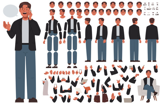 Professional young man character creation set for animation and vector design