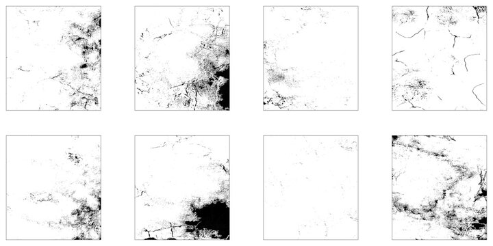 Bundle of 8 black square grunge dust texture. Grunge Urban Backgrounds set. Texture Vector.