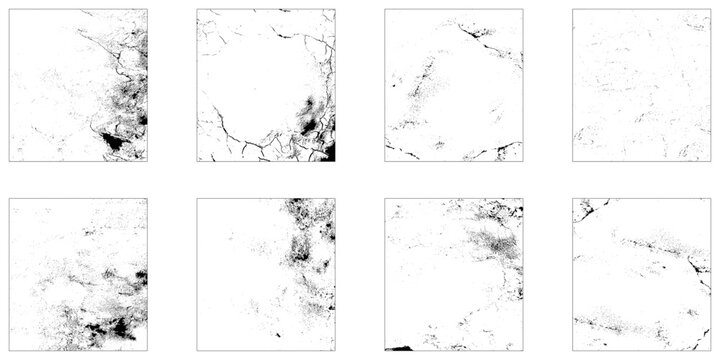 Bundle of 8 black square grunge dust texture. Grunge Urban Backgrounds set. Texture Vector.