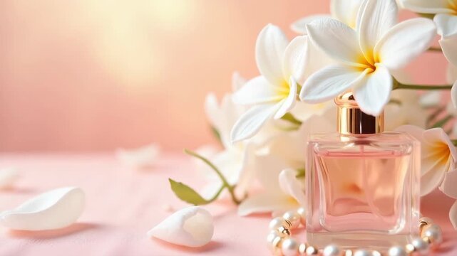 Spring mockup with blooming white freesia bouquet vintage perfume bottle and pearl bracelet on pale pink velvet surface