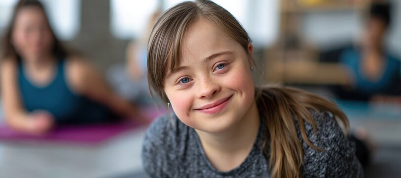Young woman with Down syndrome smiling during group yoga session in bright studio