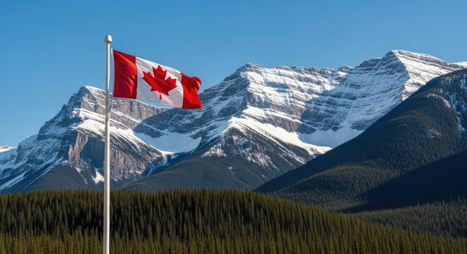 Canadian flag waving in front of snowy mountain peaks