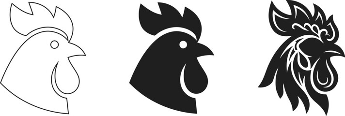 Set of Rooster head vector icons in different styles, isolated on white. © M15