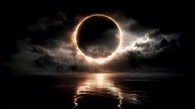 Eclipse, fantasy, mysterious, supernatural. A dramatic depiction of a celestial event, likely a solar eclipse, is captured. The main subject is a large, glowing ring of light, surrounded by dark.
