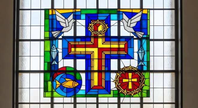 Artistic stained glass window with colorful geometric patterns and sacred Christian symbols representing faith