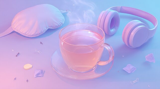 Soft glow bathes a tranquil stillness. Steam curls gently from a warm tea cup. Pastel headphones rest beside a sleep mask. Crisp lavender petals scatter around