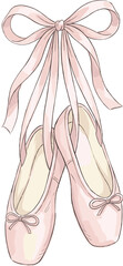 Pink Watercolor Ballet Slippers Hanging by Satin Ribbons Illustration.eps © Hanifer