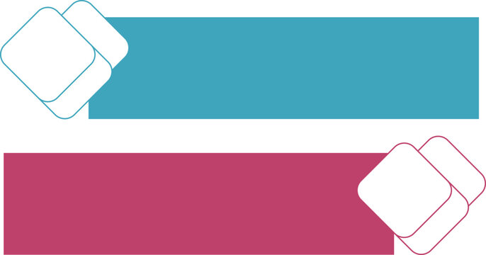 Minimalist geometric banners with square accents, modern teal and magenta text boxes, clean flat design graphic elements for web headers