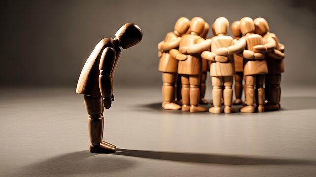 Wooden figures arranged in a circle with one sad figure in the center. Concept of loneliness, social isolation, bullying, depression, mental health, or feeling excluded from a group.
