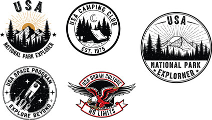 Fototapeta premium Vintage style national park and outdoor adventure patch collection