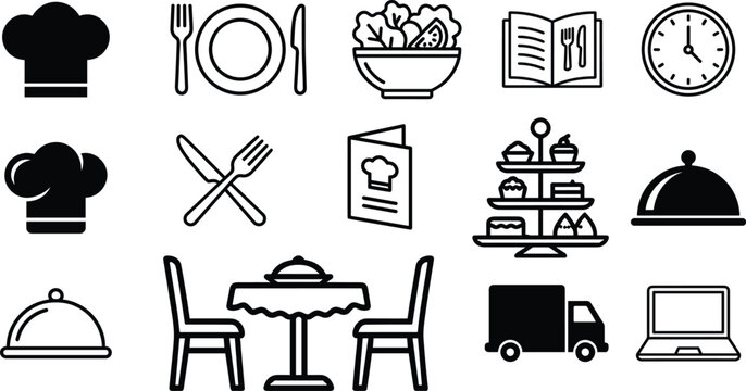 Restaurant and food service icon set with chef menu dining table delivery and kitchen symbols vector illustration