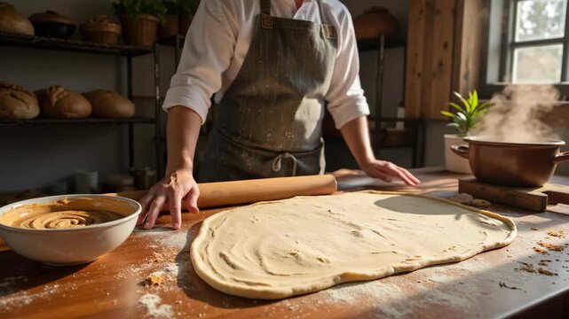 A baker kneading dough on a wooden table in a bakery kitchen with various ingredients and tools around him.