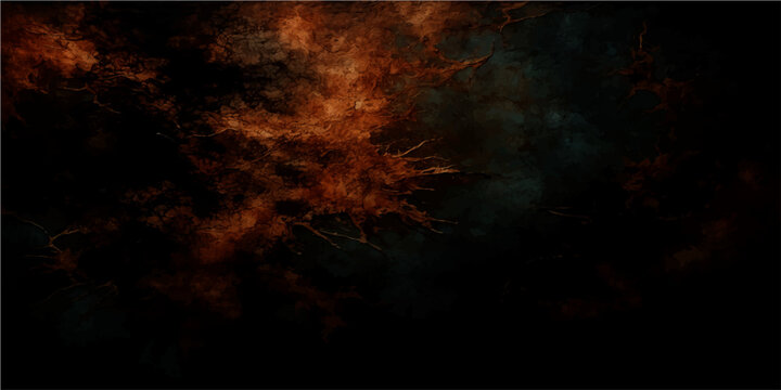 Vector Fiery cosmic explosion and celestial nebulae in darkened cosmos as background with burning fiery orange and black background.