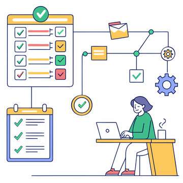 Woman working on laptop with project management flowchart and checklist desk
