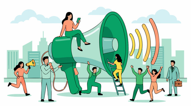 Team of people spreading news and marketing messages with a giant megaphone