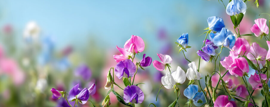 Sweet peas blooming in pastel colors, flowering lathyrus odoratus in a summer garden field with sunlight