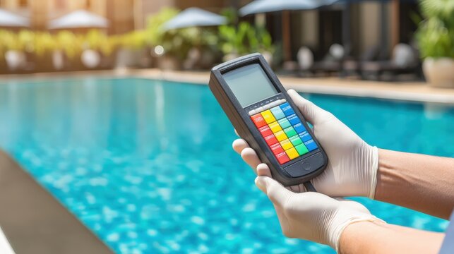 Hands wearing protective gloves hold a digital water quality testing device beside a swimming pool.