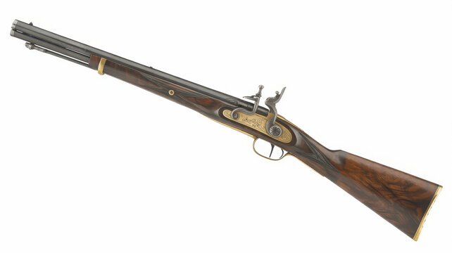 Antique flintlock musket with wooden stock and brass details isolated on a white background