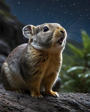 An  ili pika, China magic rabbit  in a plateau on a starlit night