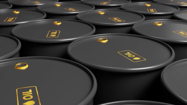 Row of Black Industrial Steel Oil Barrels with Yellow Labels Representing Global Energy Supply.