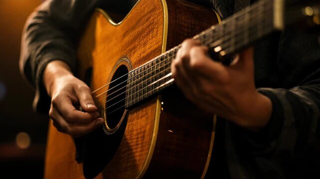 A close up shot captures a musician hands expertly strumming an acoustic guitar, revealing the intricate details of wood grain and string vibration during an intimate and soulful musical performance.