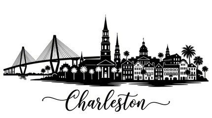 Fototapeta premium A highly detailed black and white silhouette skyline of Charleston, South Carolina, featuring iconic historic landmarks
