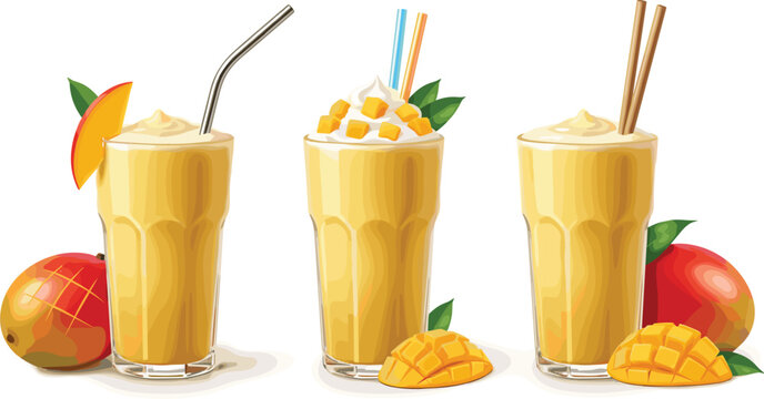 Tropical mango smoothie and milkshake set with whipped cream toppings fresh fruit slices and decorative straws in realistic vector style for cafe menu and summer beverage branding.