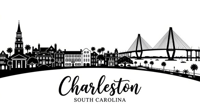 A highly detailed black and white silhouette skyline of Charleston, South Carolina, featuring iconic historic landmarks