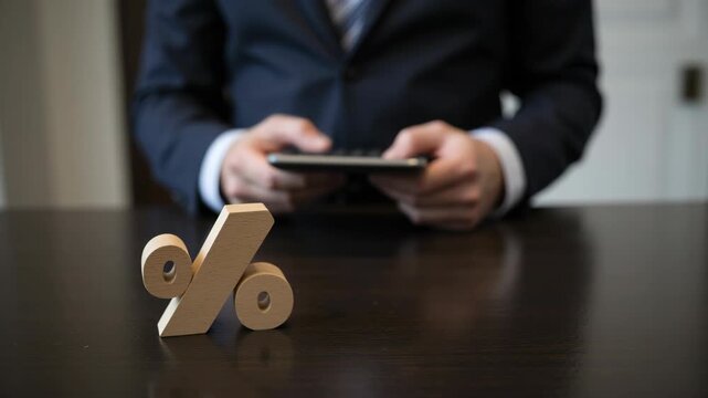 A businessman holding a device while sitting in front of a stack of percentage increase figures indicating success or growth.