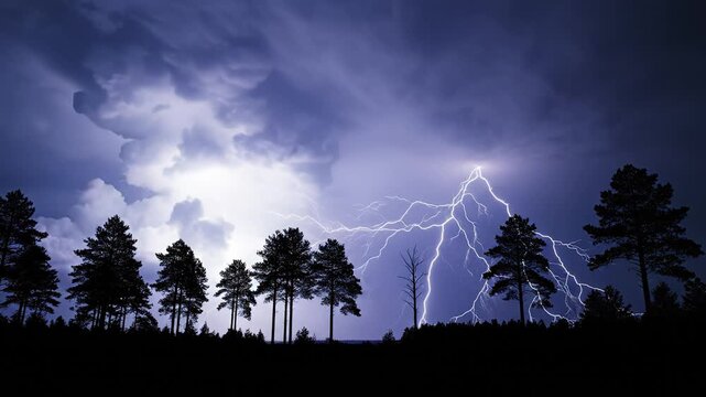 Stormy sky with lightning and trees emphasizing natural beauty and pristine environments