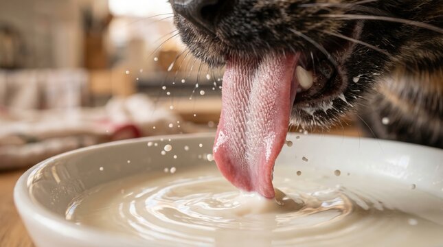 Close up of a cat's tongue lapping milk from a white bowl, with water splashes and droplets, capturing the moment of refreshment and hydration