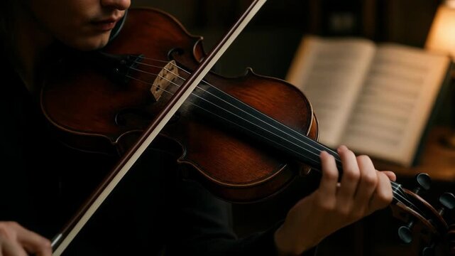 A close up shot captures a musician hands gracefully playing a violin with sheet music in the background creating an atmosphere of dedication and musical excellence in a warm lit room setting.