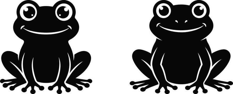 Cute frog silhouette vector icons set, smiling toad characters, minimalist amphibian mascot, black and white nature wildlife branding, modern flat design for kids and logos.