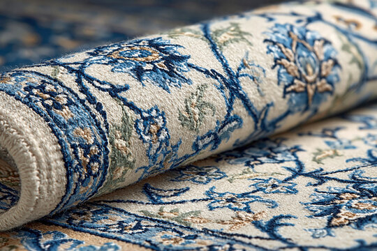 Close-up of a rolled ultra-refined Persian Nain carpet. Pristine ivory field with delicate pale azure blue floral tracery, Shah Abbas palmettes and intricate botanical details.