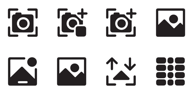 Camera settings and photo management interface glyph icon set for modern digital applications.
