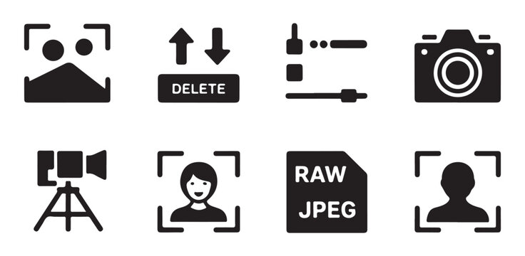 Comprehensive collection of professional camera photography and image processing glyph icons.