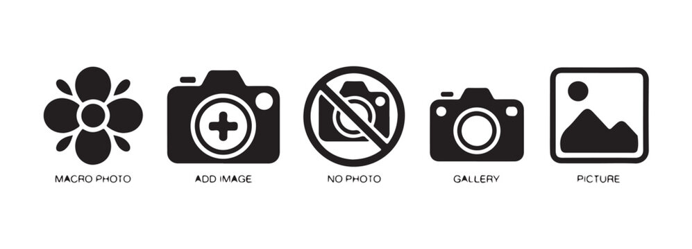 Icon set featuring macro photo add image no photo gallery and picture symbols for design.
