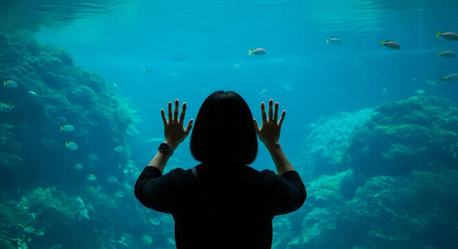 Person Watching Underwater Scene Through Glass Aquarium Ocean Life Exploration