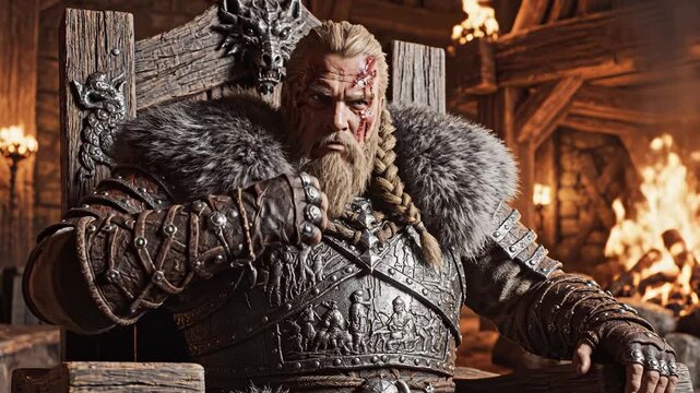 Viking warrior seated on throne ideal for sleek commercial backgrounds and title sequences