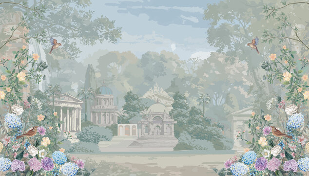Elegant garden mural with classical architecture, lush hydrangeas, birds, serene painterly botanical landscape illustration