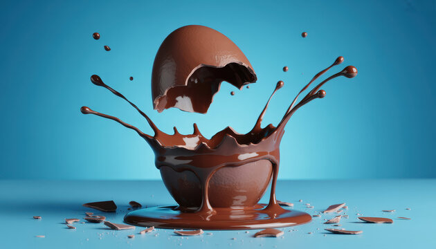 Broken chocolate easter egg with liquid chocolate splashing outwards on a bright blue background