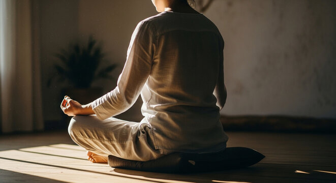 Woman Meditating at Home Yoga Pose Mindfulness Relaxation Wellness Lifestyle Concept