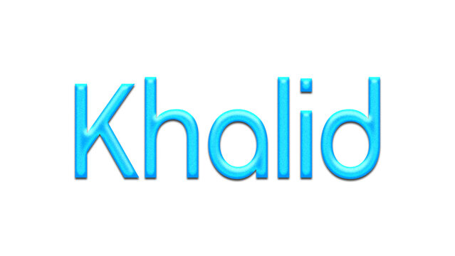Glowing blue effect of name Khalid on white background.
