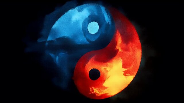 Yin Yang, Chinese philosophy, harmony, balance, Taoism. A vivid, abstract representation of a yinyang symbol against a dark background. The symbol is painted with a gradient of colors.