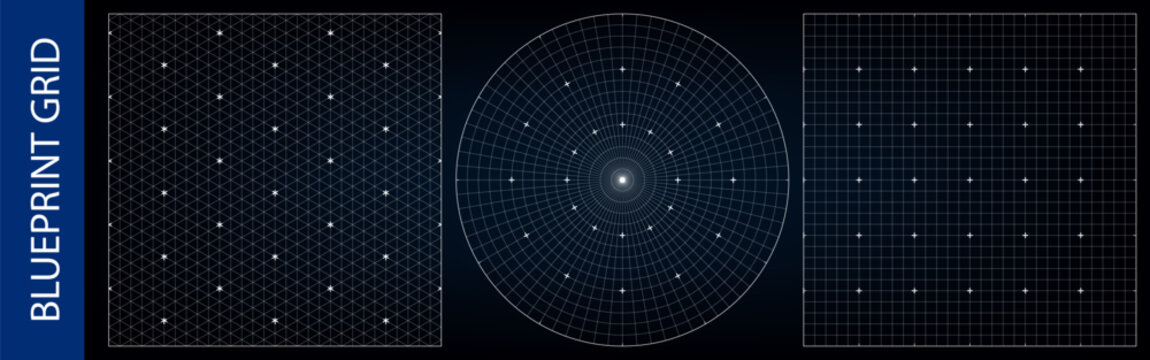 Circular compass grid for a drawing black bg, isometric pattern and square mm blueprint texture. Paper guide ruler, vector radar for maths graph. Triangle mesh, radial protractor, architectural plan