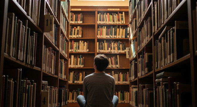 Man Sitting in Library Reading Books Knowledge Education Learning Concept Study Environment