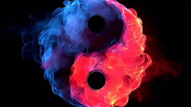 Yin Yang, Chinese philosophy, harmony, balance, Taoism. A vivid digital artwork depicts a swirling, fiery yinyang symbol. The symbol is composed of two halves.