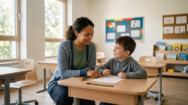 Teacher and child together in a bright classroom during warm afternoon light.