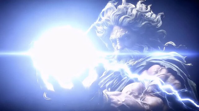 Greek mythology god Zeus. Fantasy. A detailed digital artwork depicts a mystical figure with a long, wavy white beard and a fierce expression. The figure holds a glowing.
